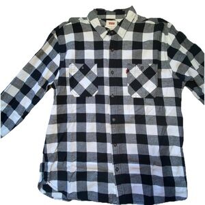 GOOD Mens L Levis 100% Cotton Black & White Plaid Flannel Long Sleeve Shirt